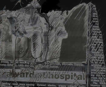 black and white torm newspaper with fragmented female nude sketch drawn over