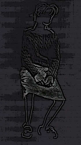 black and white textured image with magazine clothes cut out and placed over a sketch of a stiing femaile (no feature details)